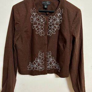 Donna Taylor Chocolate Embroidered Linen Jacket Size 16